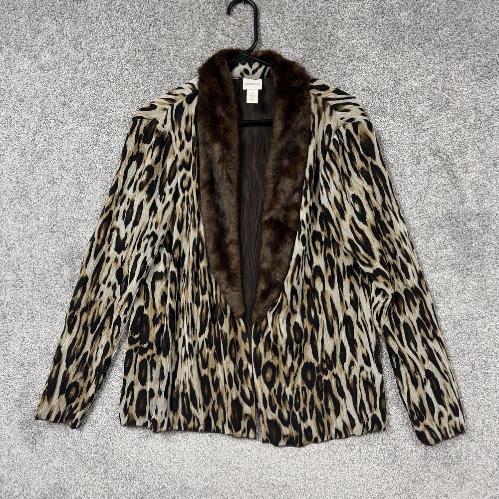 Chicos Jacket Size 1 Animal Print Faux Fur Collar Crinkle Boho Mob Wife Glam Y2K
